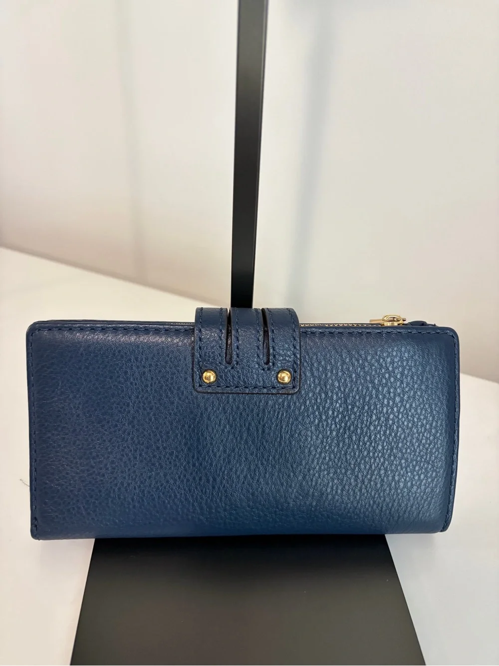 Michael Kors Gansevoort Navy Pebbled Leather Wallet with Gold-Tone Buckle